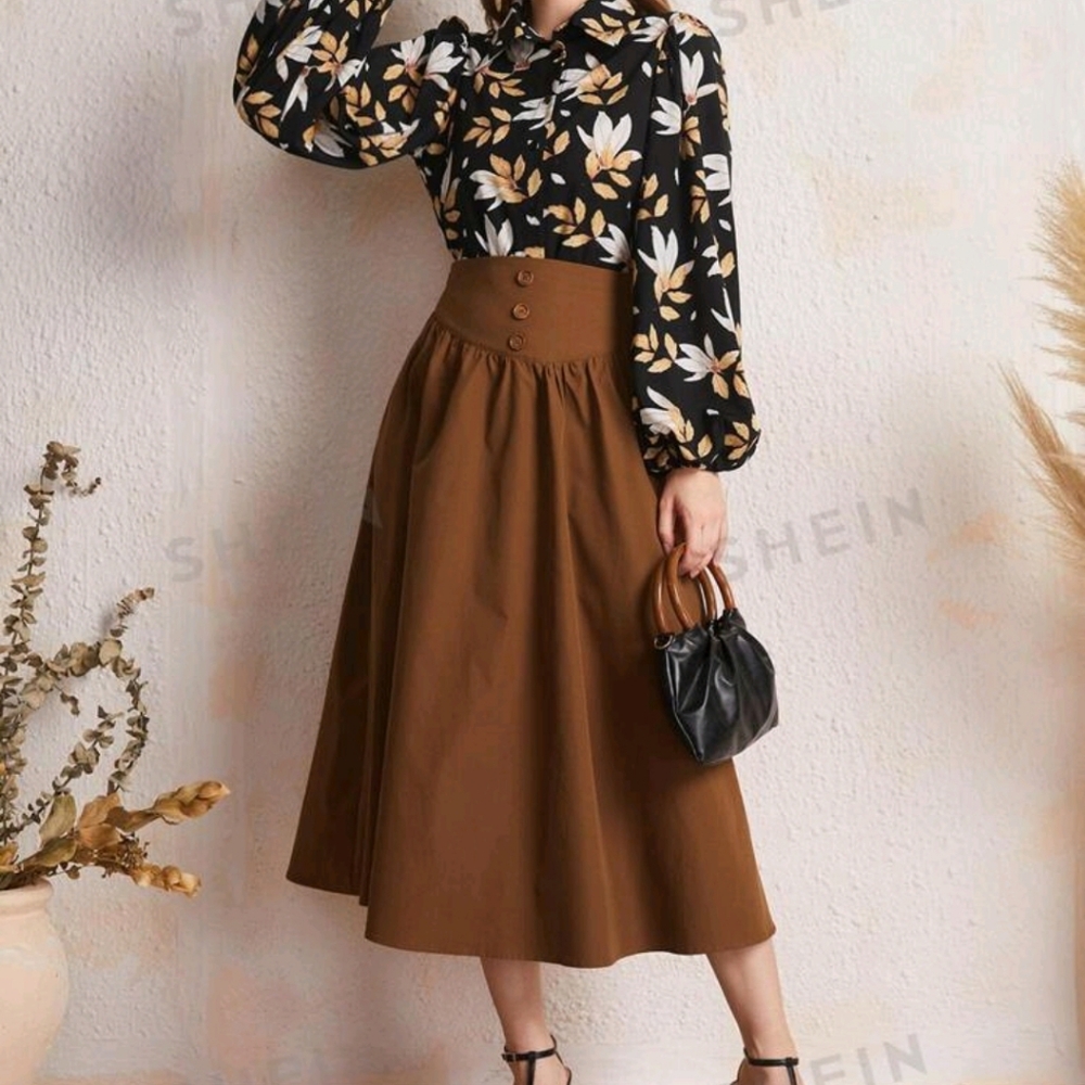 Leaf Print Lantern Sleeve Button Front Blouse & C… - image 1